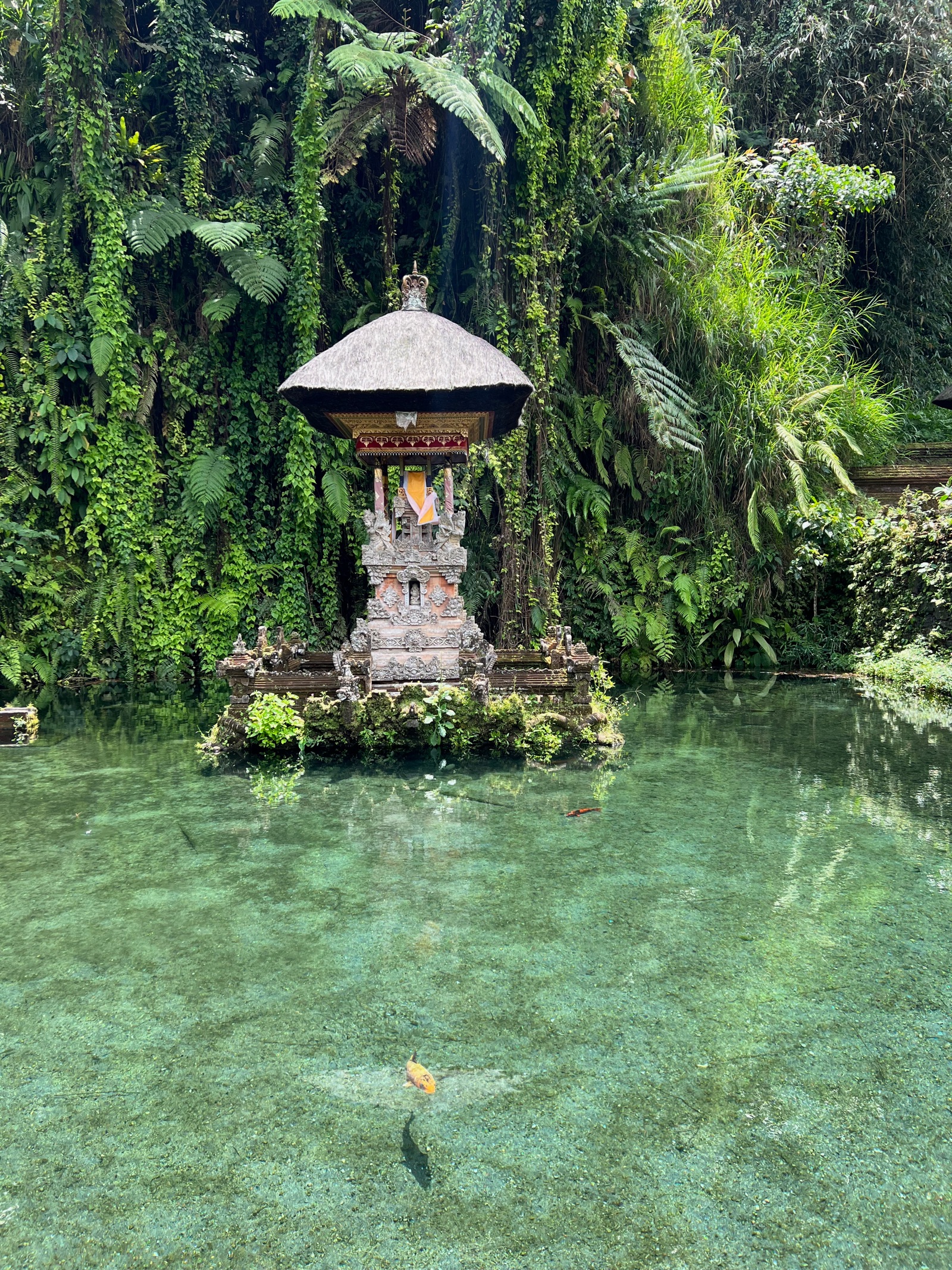 Autel au milieu d'un bassin d'eau claire au temple de Tirta Empul