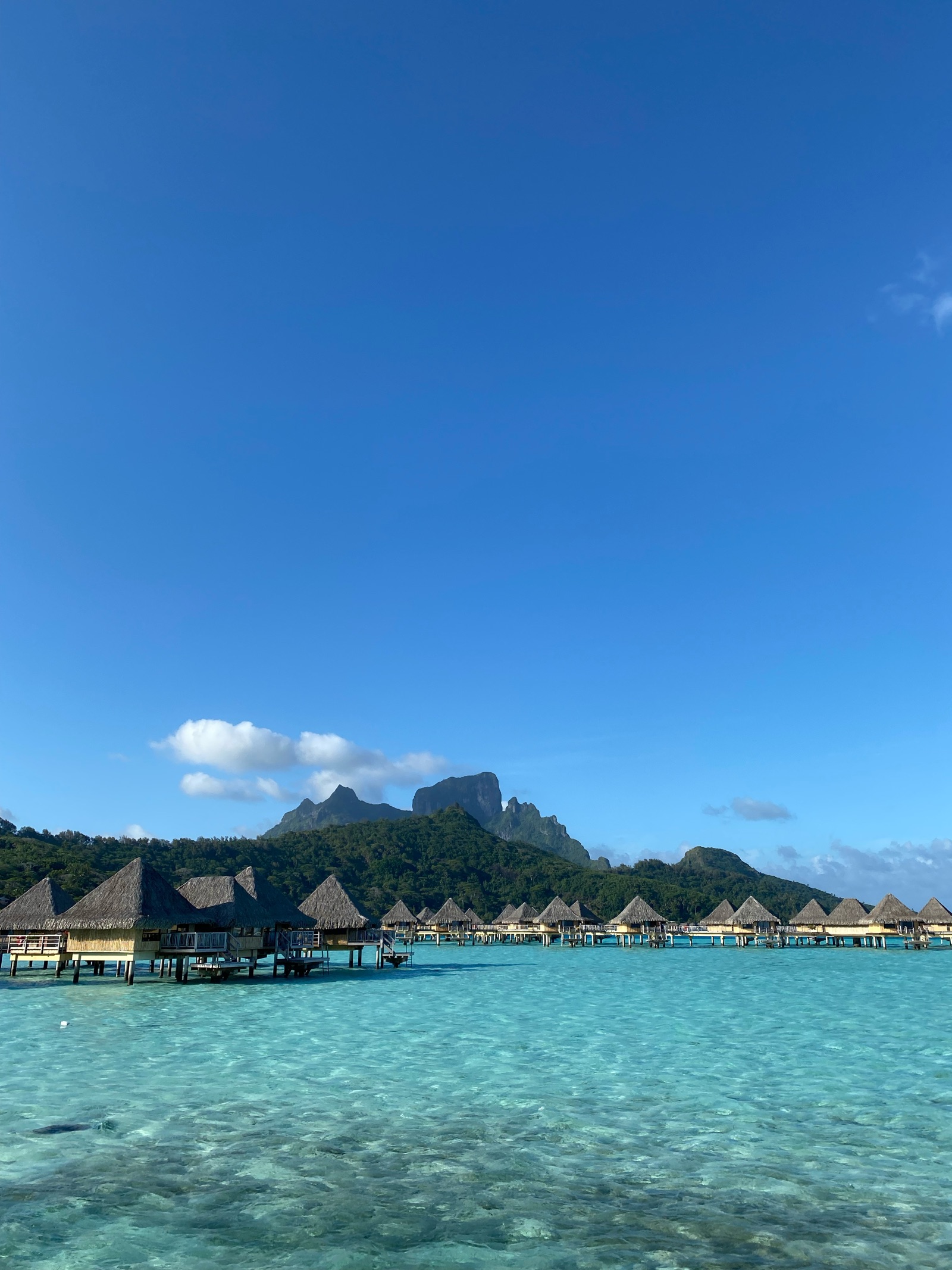 Bungalows sur pilotis face au mont Otemanu à Bora Bora