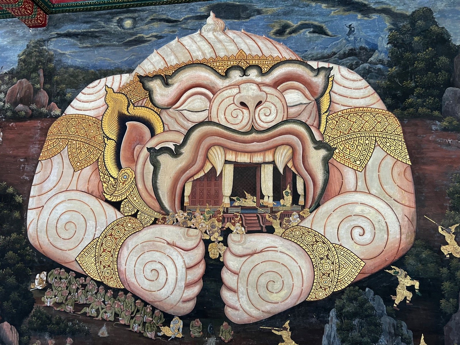 Visage de démon peint dans une fresque du Ramakien
