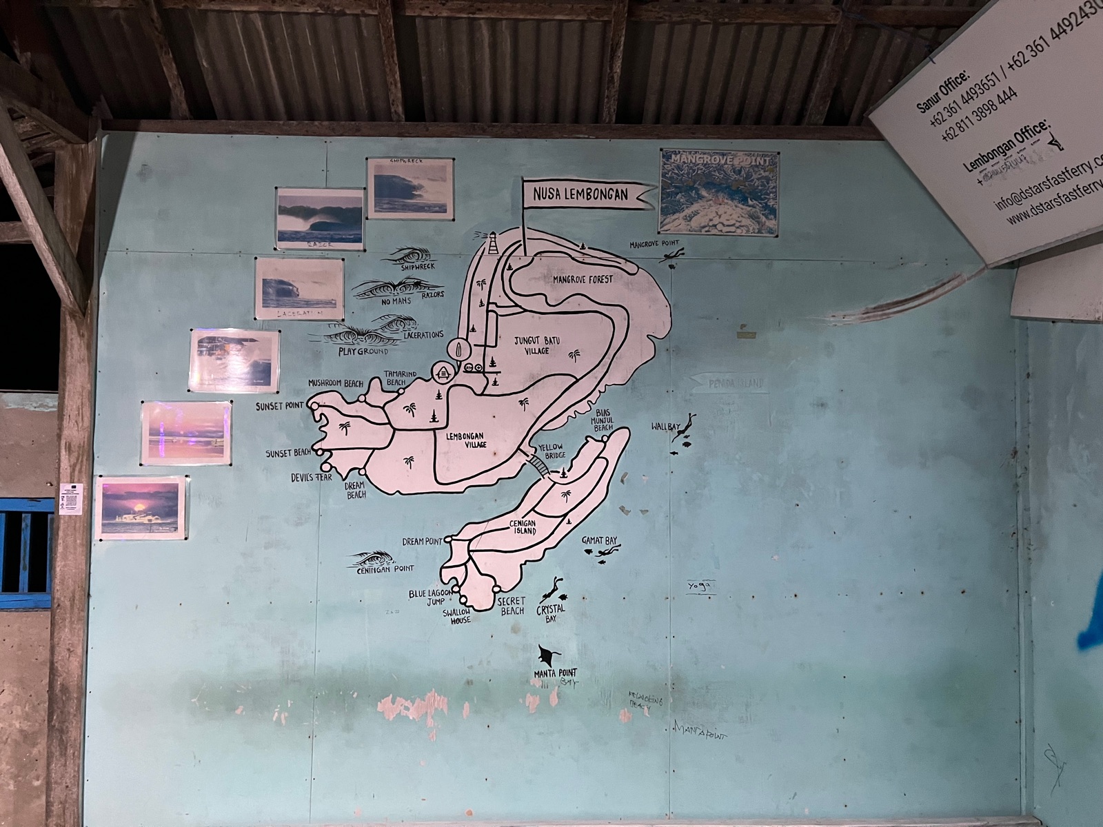 Carte murale des sites de plongée de Nusa Lembongan, Ceningan et Penida