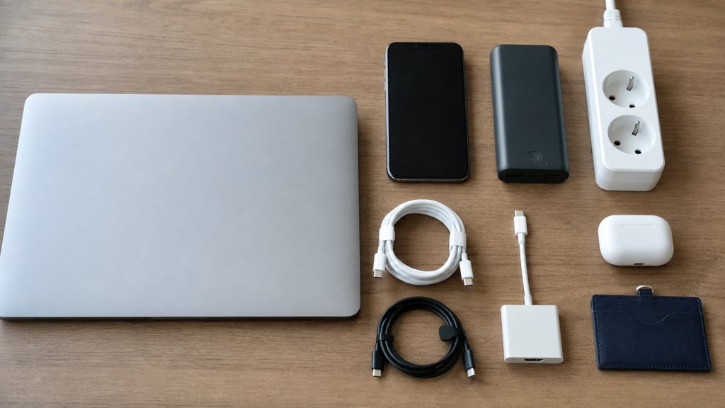 Matériel de travail du voyageur pro : ordinateur, téléphone, batterie externe, câbles, adaptateur HDMI et multiprise