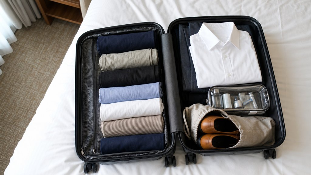 Valise cabine ouverte avec vêtements roulés, chemise à plat, chaussures en sac et trousse de toilette
