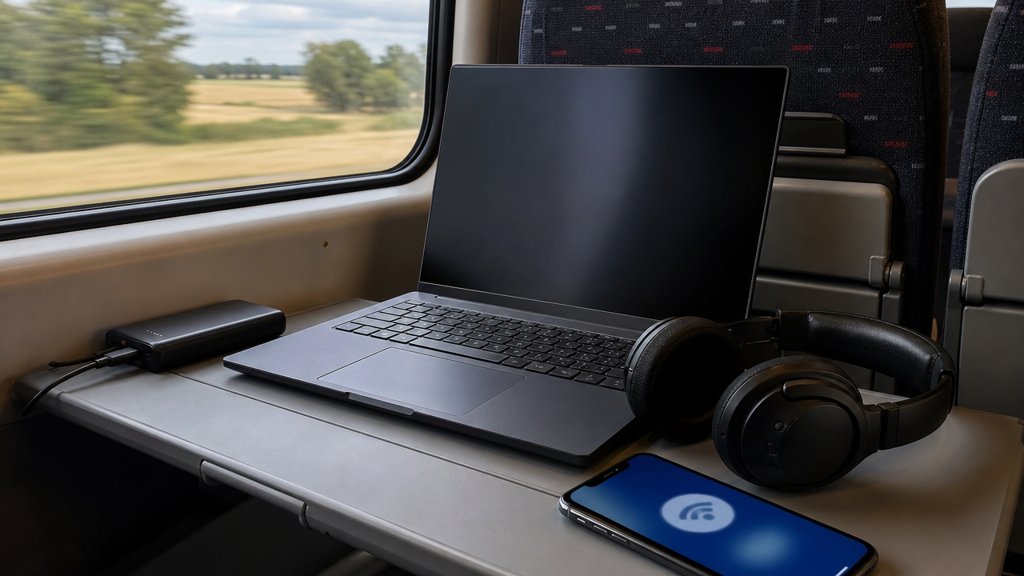 Ordinateur avec filtre de confidentialité, casque à réduction de bruit, téléphone en partage de connexion et batterie externe sur la tablette d'un train