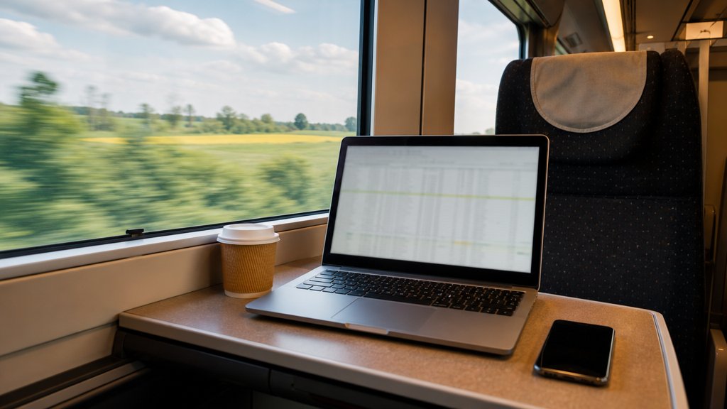 Ordinateur portable, café et téléphone sur la tablette d'un train, paysage de campagne par la fenêtre