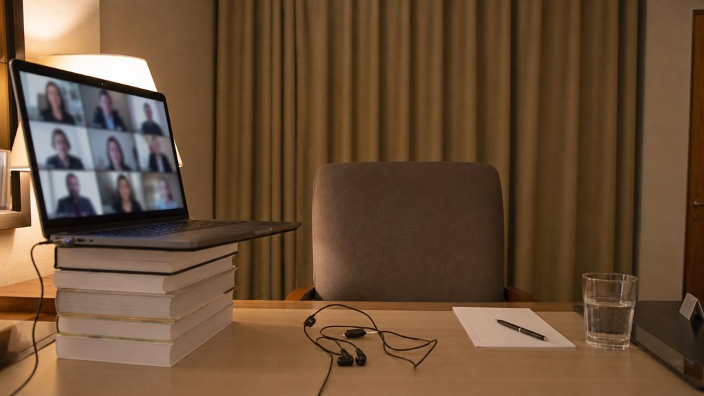 Installation pour une visio depuis une chambre d'hôtel : ordinateur surélevé sur des livres, lampe de face, écouteurs avec micro et rideau neutre