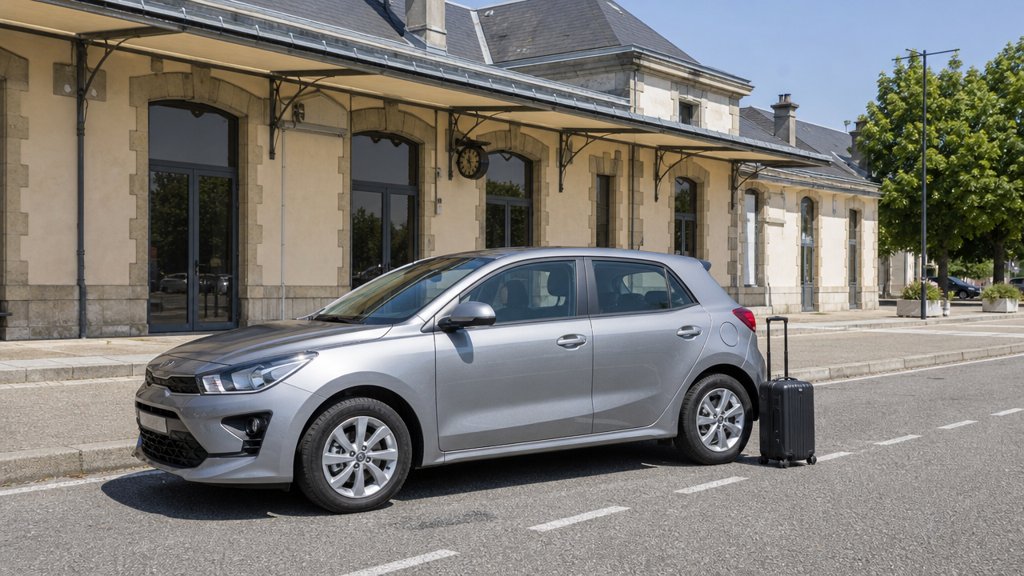 Voiture de location garée devant une gare de petite ville, valise cabine à côté